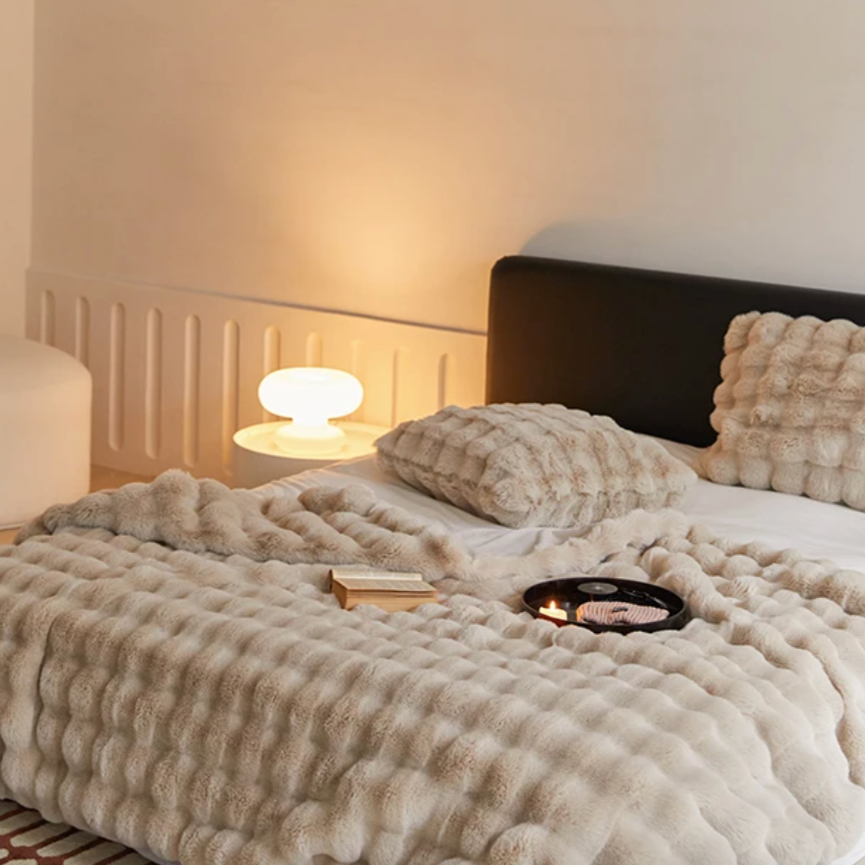 Luxe Plush Faux Fur Throw Blanket -Tan